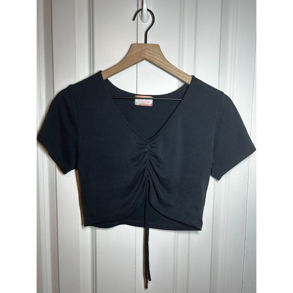 Wishful Thinking Black Ribbed Ruched Drawstring Crop Top V-Neck